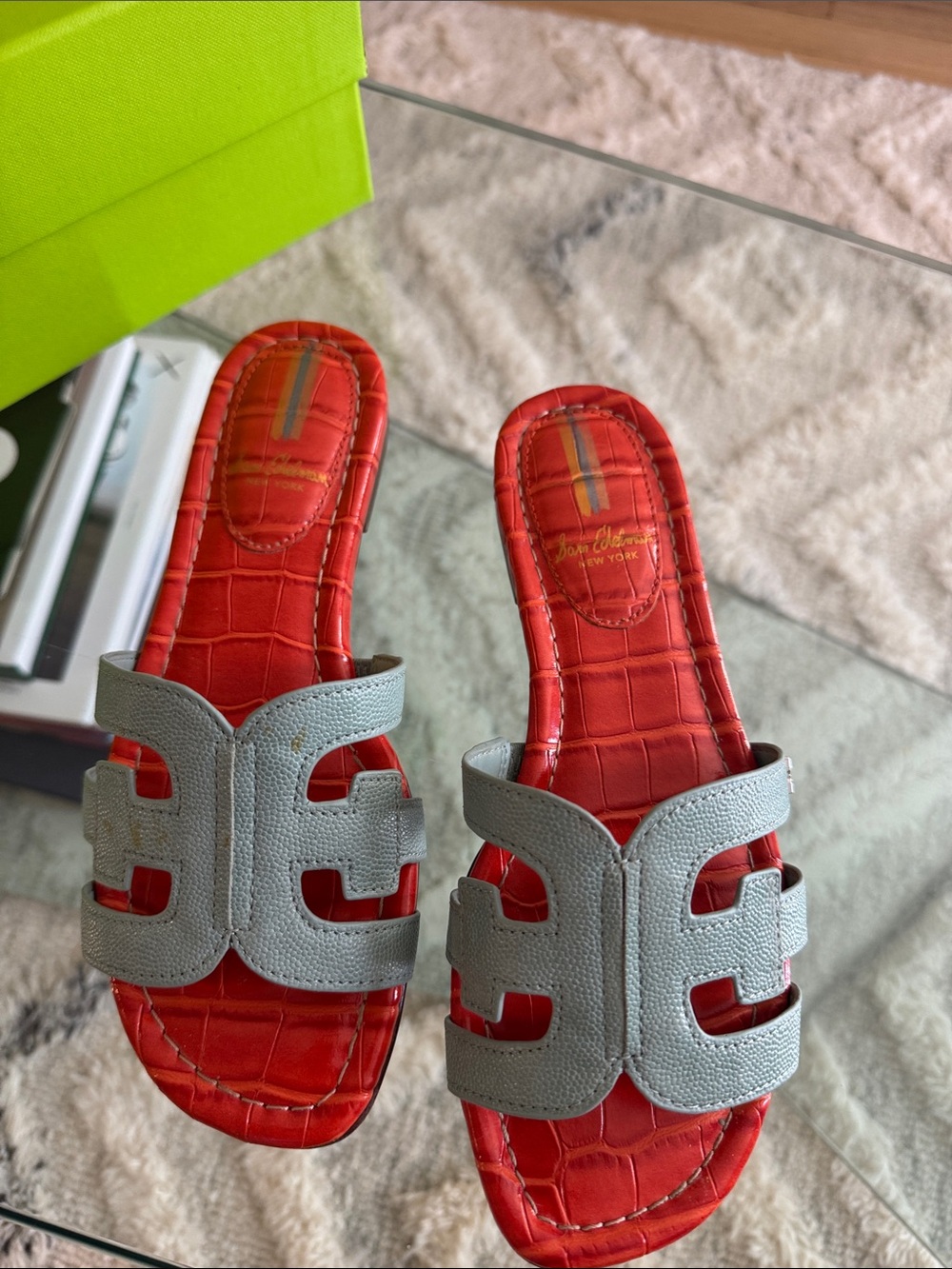 Sam Edelman Red Footbed Sandals with Gray Leather Upper
